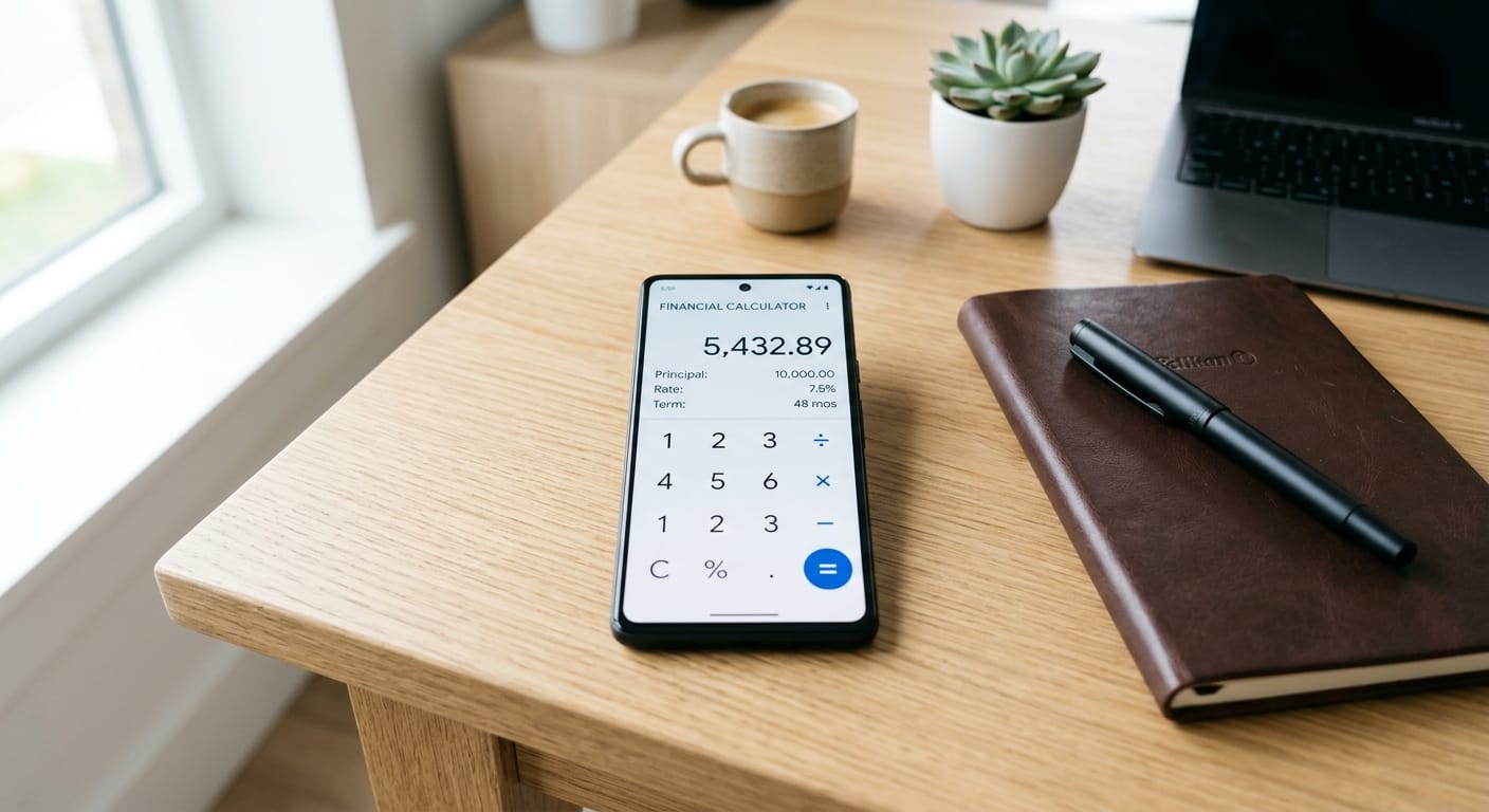 Smartphone su una scrivania con un'app di calcolatrice finanziaria che mostra il calcolo di un prestito