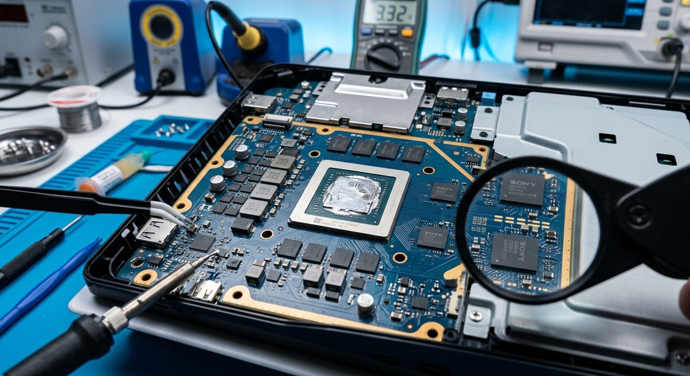 PS5 Non Si Accende | Cause e Riparazione a Roma 1 Riparazione di precisione e saldatura di componenti su una scheda madre elettronica con l'uso di una lente d'ingrandimento