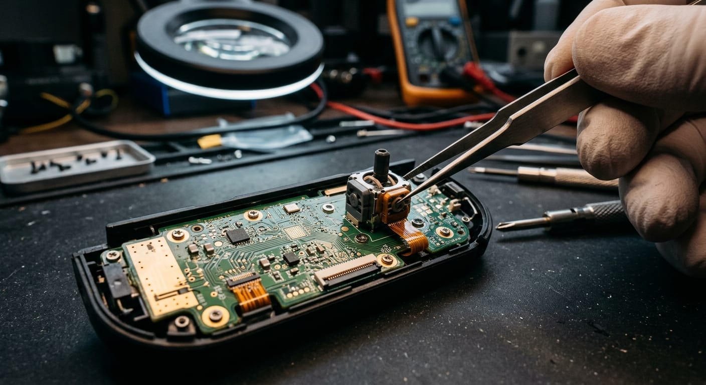 Joy-Con Drift Nintendo Switch | Causa e Riparazione a Roma 1 Tecnico che utilizza una pinzetta per riparare un circuito elettronico su un banco da lavoro